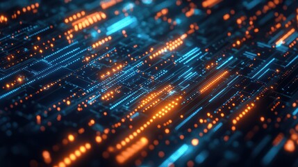 Abstract tech background with illuminated fiber optic connections, quantum computing network system electronic global intelligence