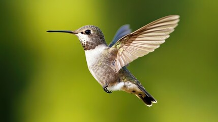 Obraz premium A hummingbird in mid-flight against a blurred green background.