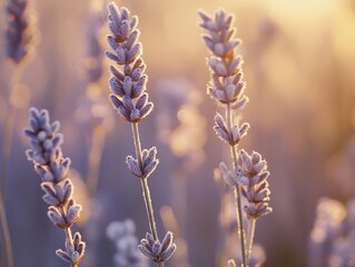 Close-up of Frosted Lavender Flowers in Soft Sunlight