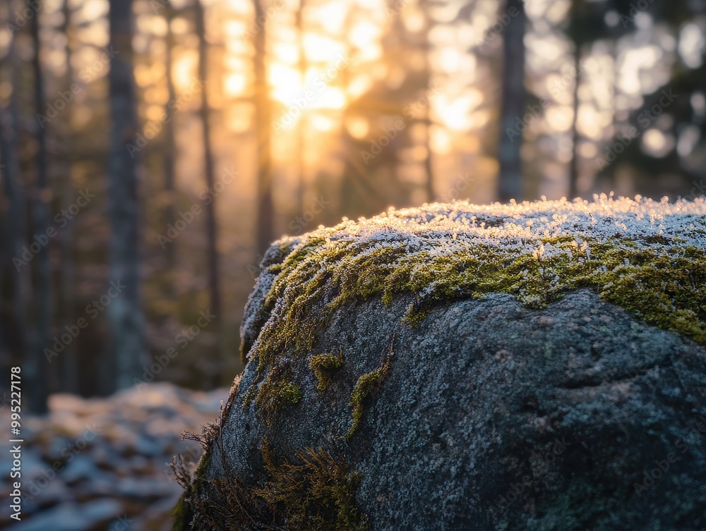 Poster close-up of a moss-covered rock with frost in a forest at sunset