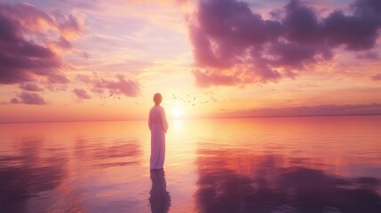 Fototapeta premium A serene figure stands by the water, gazing at a colorful sunset with birds flying above.