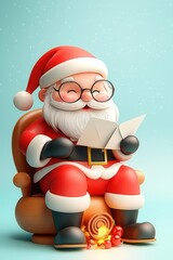 Santa reading letters by a warm fire, preparing for Christmas, 3D illustration