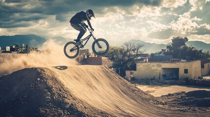 Naklejka premium Adrenaline Rush: BMX Rider Soaring off Dirt Ramp with Dust in Motion in Mexico