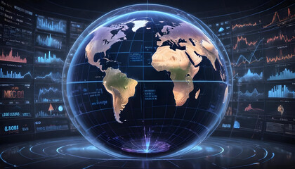 digital globe surrounded by financial technology digital charts and graphs