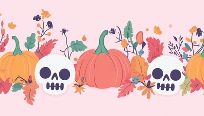 Halloween-themed illustration with pumpkins, skulls, and autumn foliage