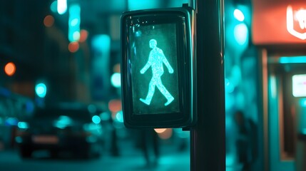Detailed shot of an illuminated green pedestrian crossing light with a walking figure silhouette displayed in an urban city setting