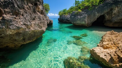 A secluded cove with crystal-clear waters and colorful marine life