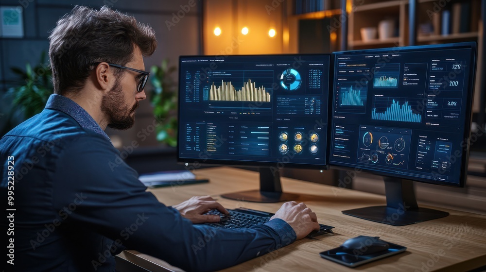 Poster analyst uses computer and dashboard for data business analysis and data management system with kpi a