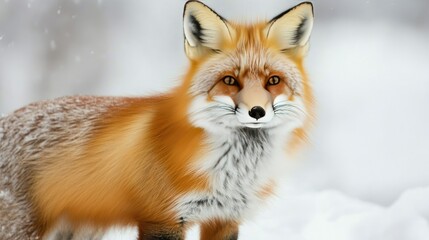 Obraz premium A close-up of a red fox standing in the snow, its fur thick and fluffy, with sharp eyes gazing into the distance.