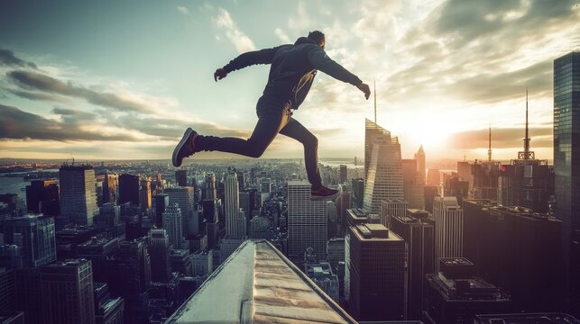 Urban Parkour: Agile Free Runner Leaping Across City Rooftops with USA Skyline in Background - Powered by Adobe