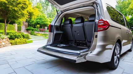 Fototapeta premium Spacious Van Interior with Open Doors and Scenic Background