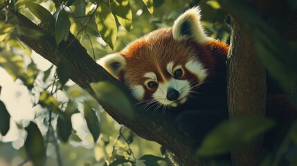 Fototapeta premium A close-up of a red panda perched in a tree, surrounded by green leaves.