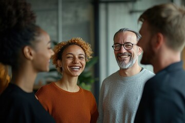 Obraz premium A diverse group of businesspeople standing in a circle, smiling and hugging each other, celebrating success at work. Conceptual photo about successful team building, with a male manager talking to fem