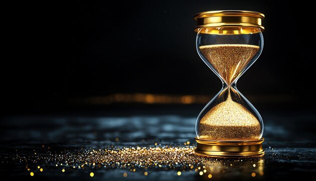 Abstract golden hourglass with glittering sand, symbolizing the passing of time and the excitement of a new year ahead