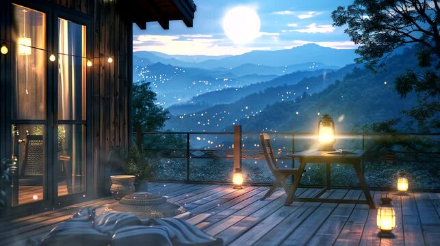 Lantern-lit cozy porch at dusk with a breathtaking view of mountains under moonlight. Seamless loop video background