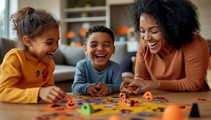 Happy Family Playing a Halloween Themed Board Game