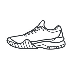 Linear vector icon of tennis shoes. Simple black and white illustration in line art style. Great for sports, footwear, and tennis-related designs.