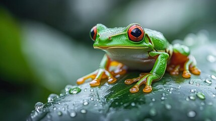 A close-up of a vibrant green tree frog sitting on a leaf in the rainforest, surrounded by dew drops.