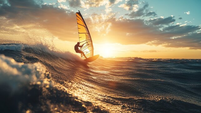 Sunset Windsurfing: Spanish Athlete Gliding Through Waves Towards Peaceful Horizon - Powered by Adobe