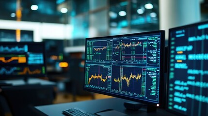 A close-up of stock market data displayed on multiple monitors in a modern financial office.