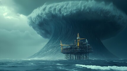 Dramatic scene of a massive tsunami violently crashing against an offshore oil and gas platform