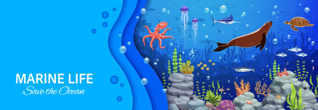 Save the ocean banner with underwater landscape and sea animals. Vector 3d paper cut emphasizing ocean conservation, marine life and underwater ecosystem filled with colorful sea creatures and plants