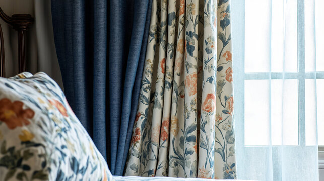 blue rod pocket  curtains and beautiful sofa in the morning