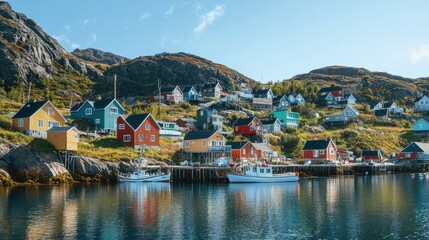Fototapeta premium A coastal village with colorful houses nestled against steep hills, overlooking a calm, clear sea.
