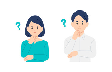 Fototapeta premium 疑問･考えるポーズをする若い男女のセット【人物ベクターイラスト素材】