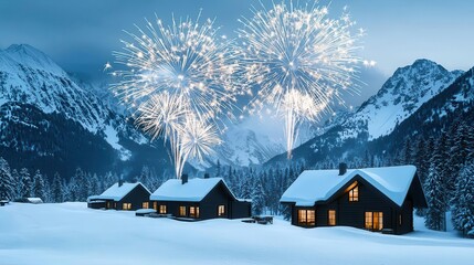 New Year s Eve celebration in snowy mountains, cozy cabins and fireworks, 3D illustration
