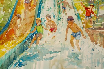 A painting of children playing in a water park
