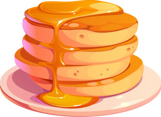 Cartoon pancakes with honey. Isolated vector stack of golden pancakes drenched in syrup, displayed on a plate. Warm and sweet classic homemade breakfast dish, morning dessert, delicious baked meal