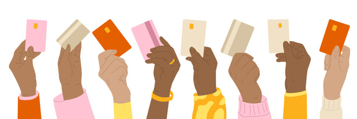 Set of hands holding bank card. Cashless payment for goods and services. People use card for online payment. Financial transaction. Vector illustration isolated on transparent background.