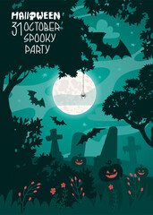 Scary dark poster for Halloween party on October 31. Pumpkins and bats on a cemetery on a moonlit night. Vector illustration for a congratulatory banner.