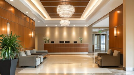 A corporate lobby with elegant furniture, bright lighting, and a large reception desk under modern chandeliers.