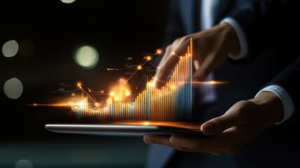 Businessman using tablet analyzing sales data and economic growth graph chart. Business strategy. Abstract icon. Digital marketing.