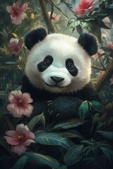 Adorable Giant Panda Among Pink Flowers in Lush Greenery, Captivating Wildlife Photography