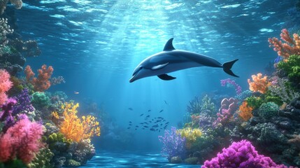 Obraz premium Dolphin Swimming in Vibrant Coral Reef Scene