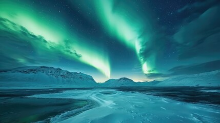 Naklejka premium A stunning aurora borealis illuminating a snowy landscape
