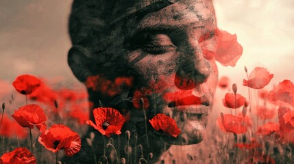 Artistic depiction of a soldier portrait overlaid with a field of red poppies