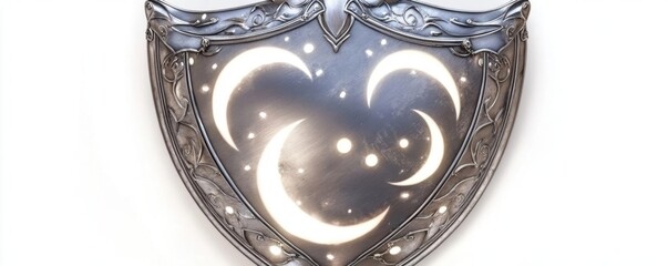 A detailed silver shield featuring crescent moons and glowing stars, perfect for fantasy-themed designs and illustrations.
