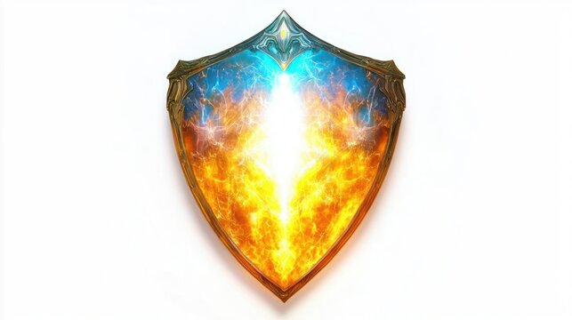 A fantastical shield radiating vibrant colors, showcasing a magical blend of fire and light, symbolizing protection and strength.