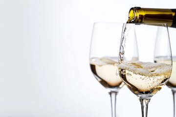 Pouring two glasses of white wine from a bottle, set against a clean white background with ample copyspace