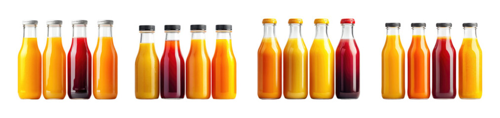 Collection of bottled juices in various colors isolated on white background