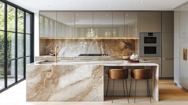 Modern kitchen featuring elegant marble countertops and wooden accents.