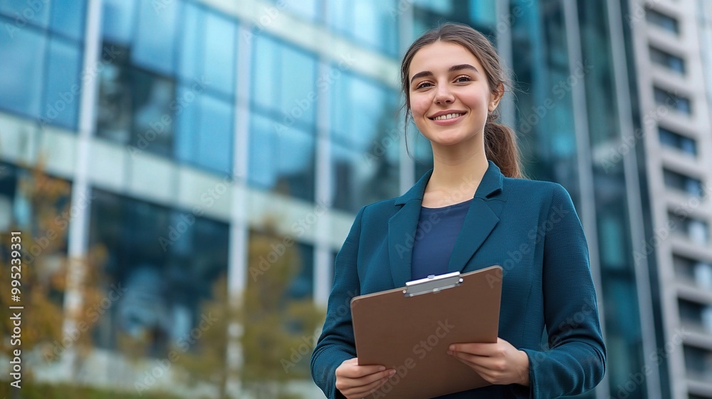 Canvas Prints Professional Woman Smiling with Clipboard Outdoors