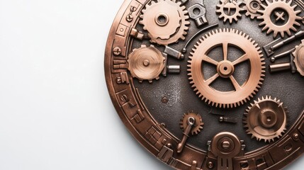 Intricate bronze gears and mechanisms create a rich and artistic display, perfect for industrial-themed designs or steampunk aesthetics.