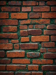 Obraz premium Old, weathered brick wall with varying shades of red, orange, and brown bricks. Mortar between bricks crumbling and discolored, giving wall rugged, textured appearance