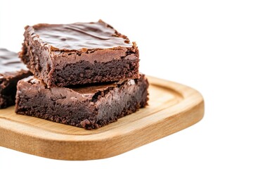 Two Chocolate Brownies with Glossy Glaze on a Wooden Cutting Board