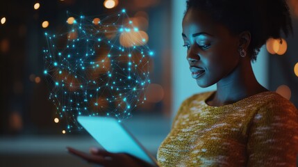 Digital online marketing commerce sale concept. African woman using tablet payments online shopping and icon customer network connection on hologram virtual screen
